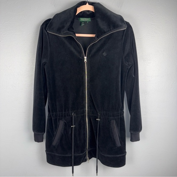 Lauren Ralph Lauren Sweater Women’s Petite Medium Velour Jacket Full Zip Black - Picture 1 of 6